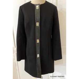 Donna Degnan Black Coat Jacket Size 6 Lined Mid-Length Silver Hardware Front S
